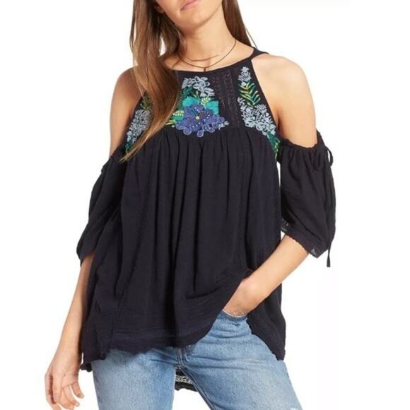 Free People Fast Times Cold Shoulder Top Size M Navy Blue - Picture 1 of 7